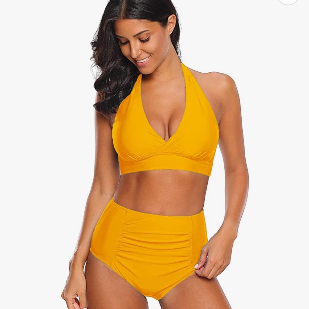 🌈Halter Self Tie Ruched High Waist Two Piece Bikini